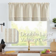 a kitchen window with the words double layer valance curtain above it and an image of vegetables on a cutting board