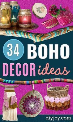 the cover of 34 boho decor ideas is shown in pink, blue and purple