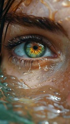 the eye of a woman with water all over her face