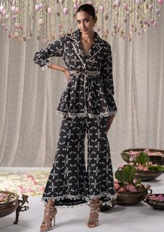 Mulmul | Black Sitara Jacket Top And Flared Pant Set | INDIASPOPUP.COM