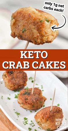 the keto crab cakes are ready to be eaten with toothpicks on them