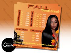 Fall Hair Pricelist Flyer - Hair Pricelist - Hair - Book Now - Fall Wig Sale - Shop Now - Nail - Boutique - Autumn Flyer - Social Media Flyer  *Please note that this is a digital product and that NO PHYSICAL ITEMS WILL BE SHIPPED* WHATS INCLUDED? ♡ 1x PDF that has a link to edit this template in CANVA ♡ 1x CANVA template  ♡ SIZE 1080X1080 px.*  * Everything is editable and removable.* HOW DOES IT WORK? -Once you purchase this item you will have immediate access to download the PDF which contains the link to your CANVA template. Look in your purchases and reviews on Etsy. -You must have a CANVA account. -You can edit on PC (no download needed) @ www.CANVA.com or download the CANVA app to edit on phone or tablet. Template can only be edited in CANVA. COPYRIGHT -These templates are resold unl Boutique Flyer, Wig Sale, Nail Boutique, Glam Glow, All White Party, Party Catering, Silk Press, Hair Makeover, Spring Hairstyles