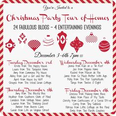 a christmas party flyer with red and white stripes on the bottom, and an image of ornaments