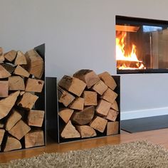 two fireplaces with firewood stacked next to each other