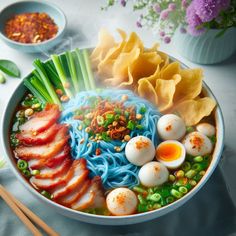 a bowl filled with noodles, meat and vegetables next to chopsticks on a table