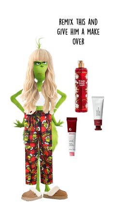 the grinch doll is standing next to some hair and body care products on display