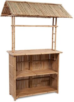 a wooden shelf with shelves and a roof on top that is made out of bamboo