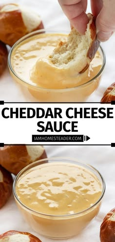 a person dipping cheese into a bowl with bread in the background and text overlay reading cheddar cheese sauce