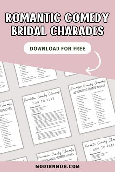 the romantic comedy bridal charadess with text overlaying it in pink and white