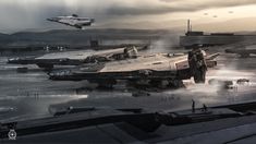 an artist's rendering of a star wars scene with fighter jets in the background