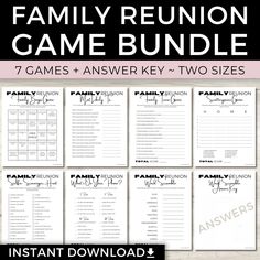 the family reunion game bundle includes 7 games and answers for two sizes, including an answer sheet