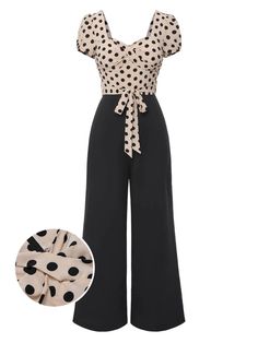 [Pre-Sale] Beige 1930s Polka Dots Sweetheart Neck Jumpsuit | Retro Stage Womens Office Fashion, Retro Jumpsuit, Retro Stage, Womens Office, Standard Dress, Office Fashion Women, Fashion Business, Sweetheart Neck, Office Fashion