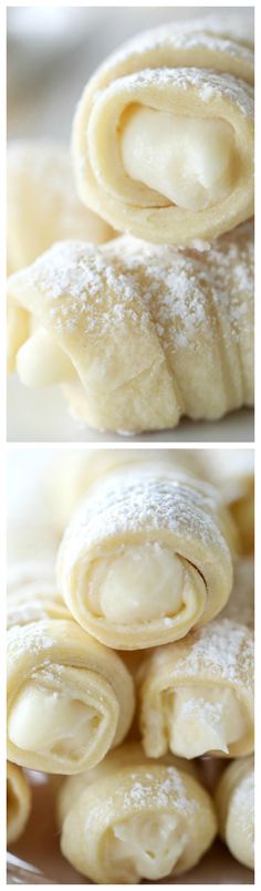 three different views of pastries with powdered sugar on top, and rolled up in the middle