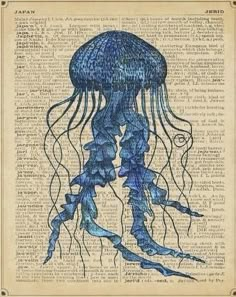 a blue jellyfish on an old book page