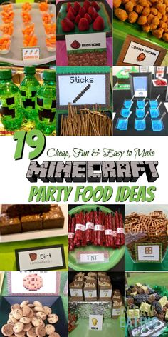 a collage of different foods and desserts with the words minecraft party food ideas