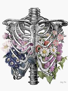 a drawing of a skeleton with flowers on it's chest and arms in the shape of a rib cage