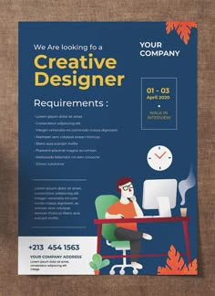 a flyer for a creative company with a man working on a computer at his desk