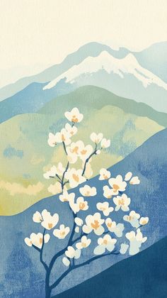 a painting of a tree with white flowers in the foreground and mountains in the background