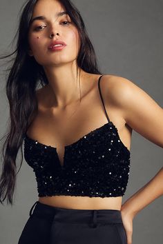 Leave it to Eve to make a statement. Perfect under sheer shirts, blazers, or worn on its own. Shimmery and bright, you'll think it's made of stardust. u200b | The Eve Sequin Bralette by Anthropologie in Black, Women's, Size: XL, Polyester/Nylon/Elastane Black Sequin Crop Top, Bralette Outfit, Sequin Crop Top, Sheer Shirt, Anthropologie Top, 50 Fashion, Black Fits, Black Sequins