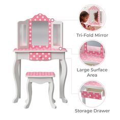 a pink and white vanity with polka dots on the top, drawers and mirror above it