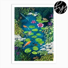 a painting of water lilies and birds in the middle of a pond with lily pads