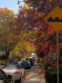 cars parked on the side of a street next to trees with fall colors in the background