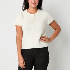 Crafted from a cozy, textured knit in a soft ivory hue, this Liz Claiborne women's short-sleeve pullover sweater is perfect for both casual and dressed-up looks during the cooler months. It's cut for a classic-fit and has a split crew neckline adorned with delicate, sparkling button details along the front placket. Wear yours with wide-leg pants and heels. Closure Type: ButtonFit: Classic FitNeckline: Split Crew NeckSleeve Length: Short SleeveApparel Length: 25 InchesFiber Content: 46% Polyester Large Sweaters, Small Sweater, Short Sleeve Pullover, Textured Knit, Pullover Sweater Women, Liz Claiborne, White Sweaters, Pullover Sweaters, Wide Leg Pants