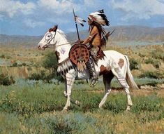 a painting of a native american man on a white horse in a field with mountains behind him