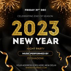 new year party flyer with fireworks and streamers in the background, for an upcoming event