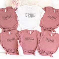 six bridesmaid t - shirts in pink and white