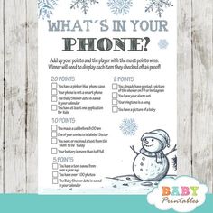 a baby shower game with snowflakes on it and the words what's in your phone?