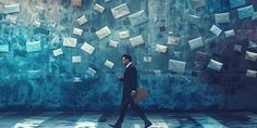 a man walking in front of a wall with mail flying from it's sides