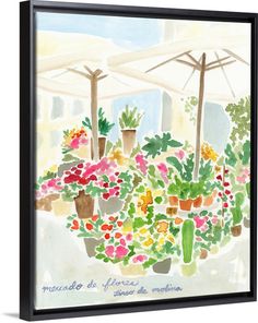 a watercolor painting of flowers and plants in pots on a table with an umbrella