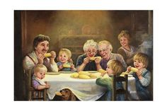 a painting of a family eating dinner together