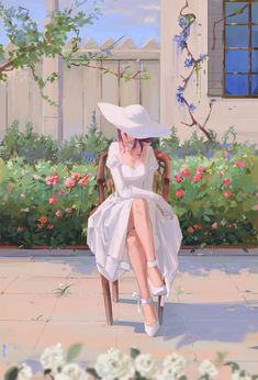 a painting of a woman in a white dress and hat sitting on a wooden chair