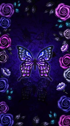 a purple butterfly with roses around it on a black background and the words love is in the air