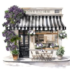 a watercolor painting of a restaurant with purple flowers on the outside and black and white awning