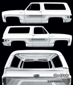 three different views of the back and side of a white pickup truck