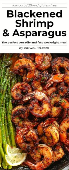 grilled shrimp and asparagus in a skillet with lemon wedges