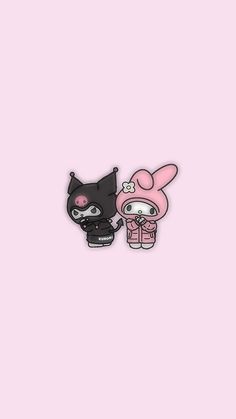 two cartoon characters are standing next to each other on a pink background and one is wearing a black cat mask