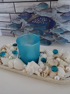 a blue glass sitting on top of a tray filled with seashells