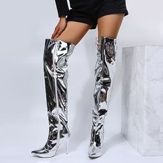 Category:Boots; Upper Materials:PU; Season:Spring,Fall; Heel Type:Stiletto; Actual Heel Height:4.14; Gender:Women's; Activity:Walking; Toe Shape:Pointed Toe; Type:Over The Knee Boots,Thigh High Boots; Style:Sexy,Casual,Fashion,Minimalism; Heel Height(inch):2-3; Boot Shaft:Over The Knee Boots; Outsole Materials:Rubber; Occasion:Daily; Closure Type:Zipper; Pattern:Solid Color,Solid Colored; Shipping Weight:0.713; Listing Date:12/08/2020; Production mode:External procurement; 2024 Trends:Slouchy Boots,Plus Size,Heel Boots,Metallic Boots; Foot Length:; Size chart date source:Provided by Supplier.; Special selected products:COD Metallic Boots, Knee High Heels, Slouchy Boots, Black Heel Boots, Slouched Boots, Silver Mirror, Outdoor Fashion, Pointed Toe Heels, Women Boots