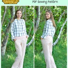 two pictures of a woman wearing pink pants and a plaid shirt in front of some trees