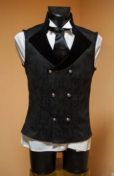 Double-breasted men's black vest, victorian style wedding, Made to order Gothic Sleeveless Vest For Costume Party, Elegant Fitted Vest For Costume Party, Steampunk Style Sleeveless Black Vest, Steampunk Black Sleeveless Vest, Black Steampunk Sleeveless Vest, Black Sleeveless Steampunk Vest, Gothic Black Sleeveless Vest, Steampunk Formal Sleeveless Vest, Formal Steampunk Sleeveless Vest