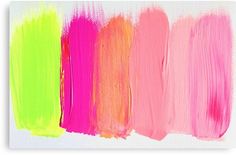 an abstract painting with different colors of paint on white paper, including pink, yellow and green