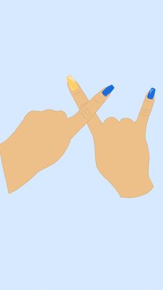 two hands making the middle finger sign with blue nail polish on their fingers, against a light blue background