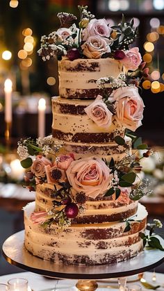 stunning naked wedding cake Brown Cake With Flowers, Rustic Chic Wedding Cake, Naked Cakes With Fruit, Sheet Cake With Real Flowers, Wedding Cake Naked Rustic, Wedding Cake Vintage Elegant, Naked Cakes Birthday, Elegant Chocolate Cake Design, Naked Cakes Wedding