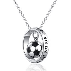 PRICES MAY VARY. ⚽Live love soccer:Wear this cool soccer ring necklace when you support your team on the pitch. It engraved the "We are the champions" Inspirational Soccer Pendent for Soccer Players , go for it ,come on ! cheer for you! Pump up your athletic look with this exclusive football ball necklace. ⚽Material:925 sterling silver soccer necklace jewelry,hypoallergenic,tarnish resistant,nickel-free,lead-free,cadmium-free,good for long-term wear,especially sensitive skin women. ⚽Size:3D socc Soccer Ball Necklace, Soccer Necklace, Soccer Jewelry, Football Jewelry, Football Necklace, Football Lover Gifts, Ultrasonic Jewelry Cleaner, Ball Jewelry, Plus Size Rings