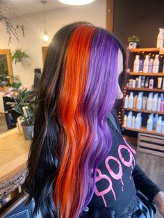 halloween hair color split dye purple hair orange hair black hair block color pulp riot Vivid Hair Color With Black, Halloween Dyed Hair, Hair Color Split Dye, Hair Color Split, Black Split Dye Hair, Spooky Hair Color, Dye Purple Hair, Purple And Orange Hair, Black And Orange Hair