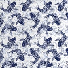 a blue and white fish print fabric